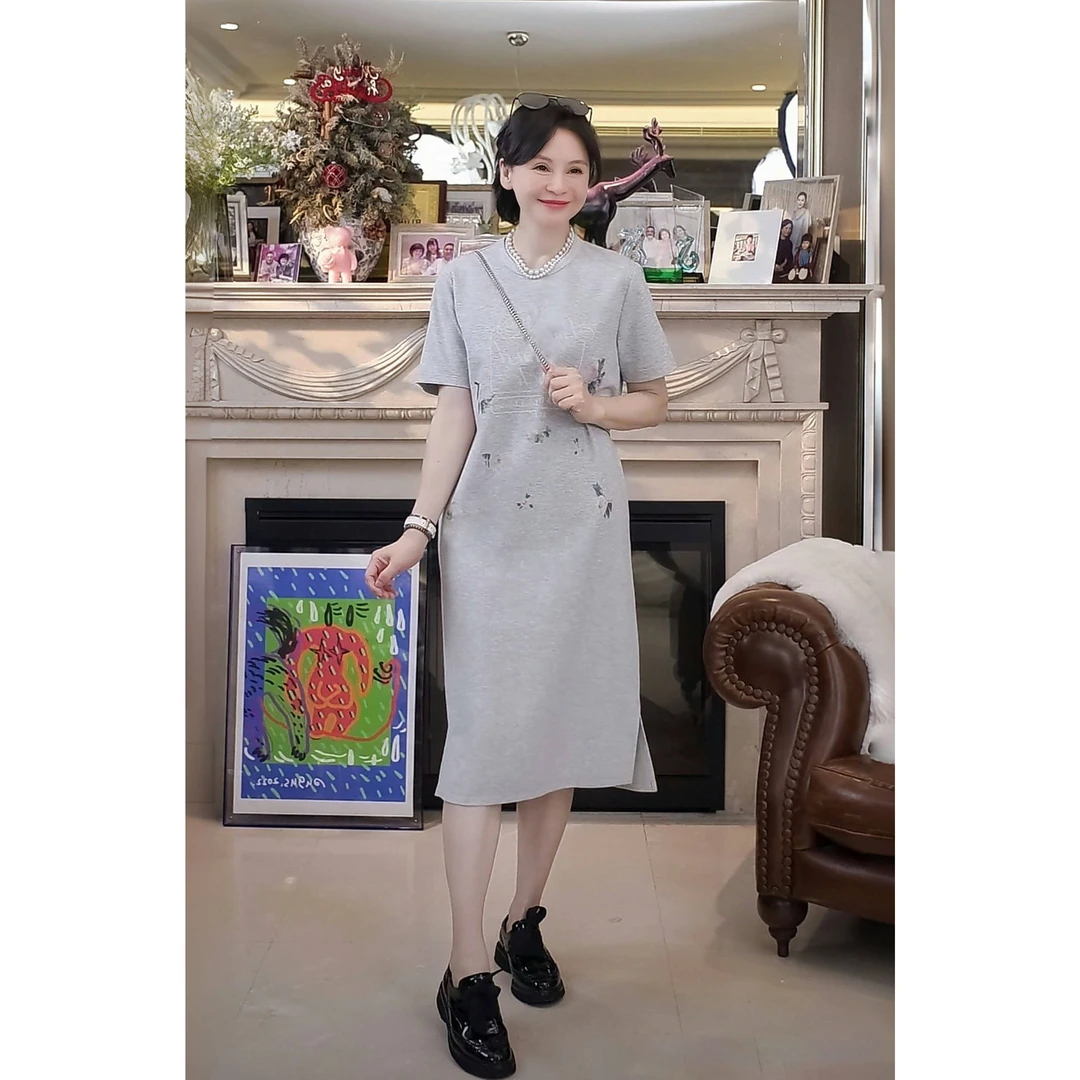 RuienCo.流光花语 永迈棉数码印花宽松直筒夏短袖圆领连衣裙