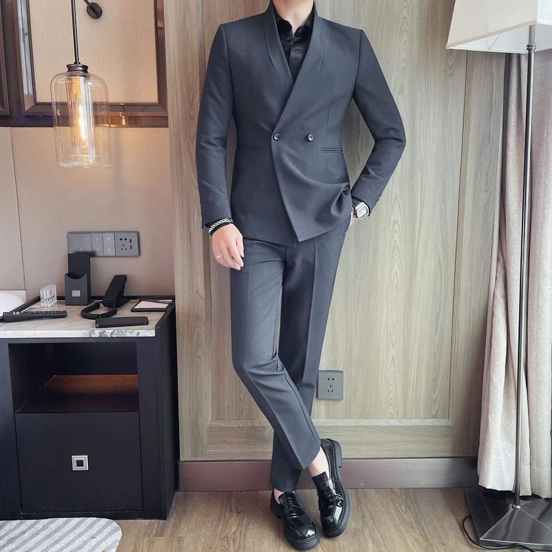 青果领绅士帅气西服套装男士商务休闲修身双排扣西装外套两件套