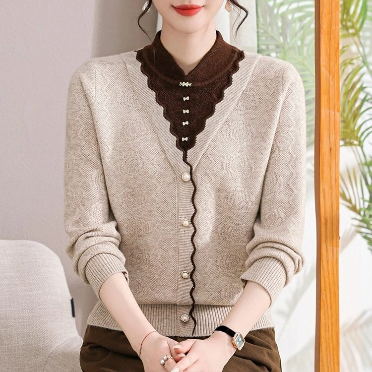 妈妈秋冬装2025新款假两件加绒毛衣中老年女旗袍领加厚打底衫上衣