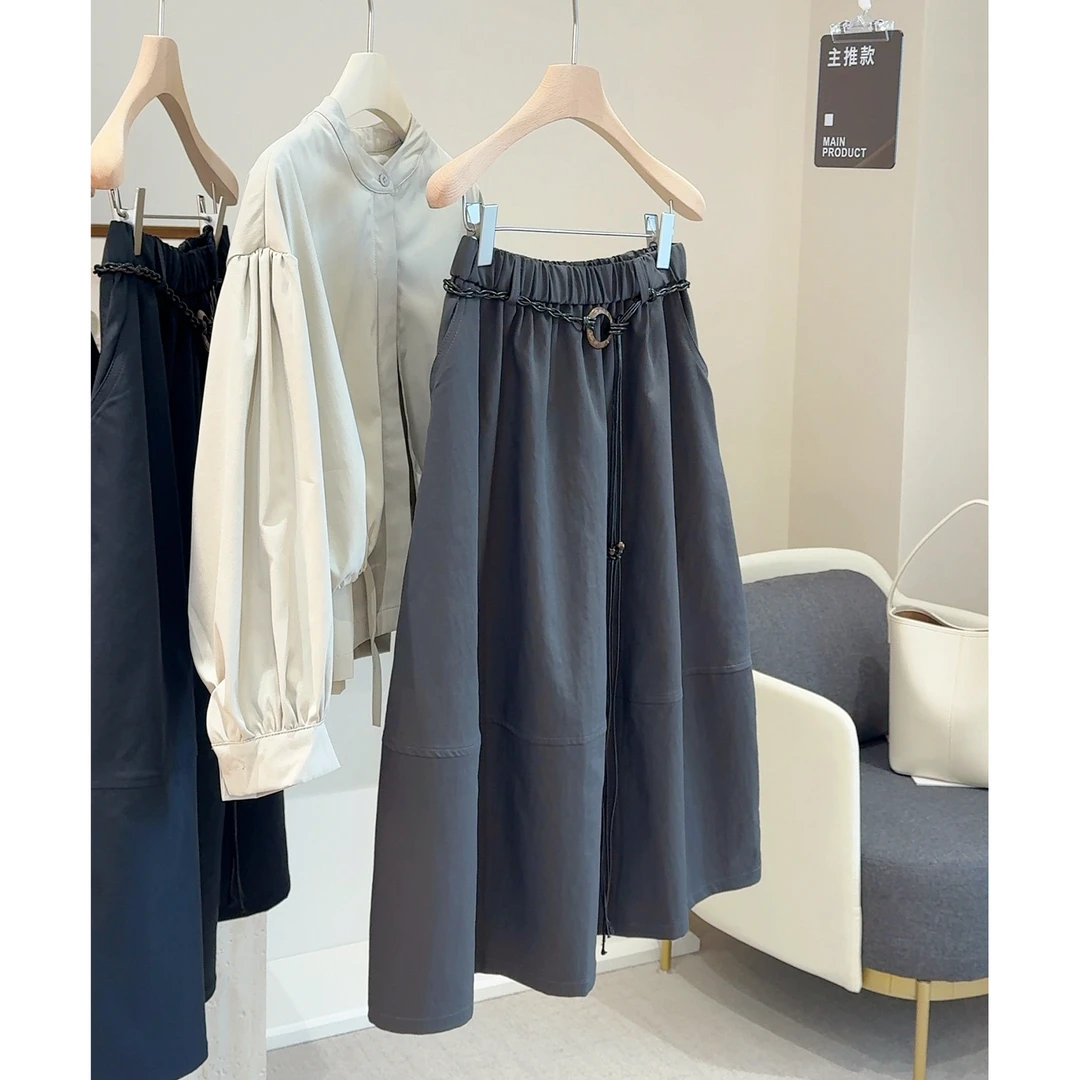 2025秋新款老钱风松紧腰拼接半身裙女伞裙时尚百搭遮肉A字中长裙