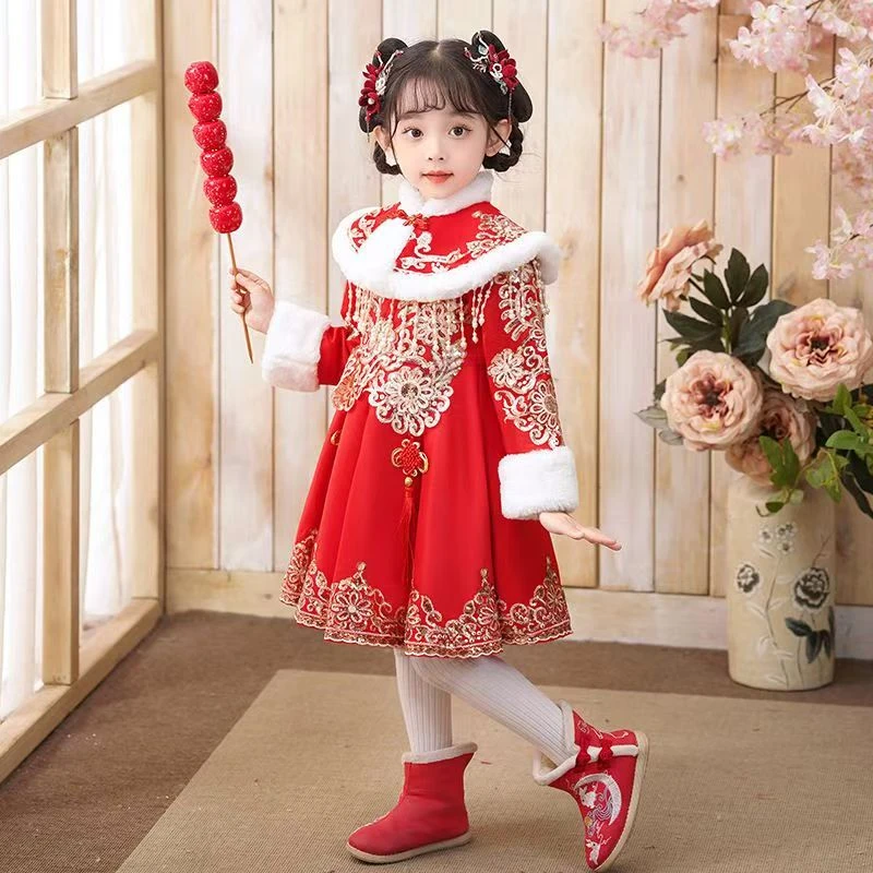 女童冬季连衣裙儿童新年衣服拜年服冬装2024新款汉服秋冬裙子冬款