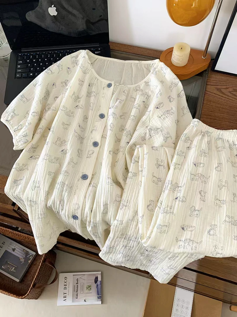 卡通双层棉纱短袖长裤睡衣女夏季甜美少女风可外穿家居服