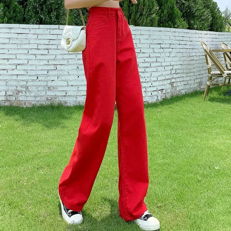 2025秋季红色牛仔裤新款裤子直筒拖地遮肉时尚高腰显瘦阔腿裤子女