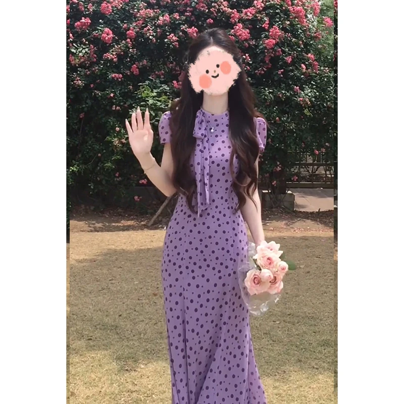 连衣裙女2025夏季新款法式气质收腰显瘦波点中长款短袖鱼尾裙子