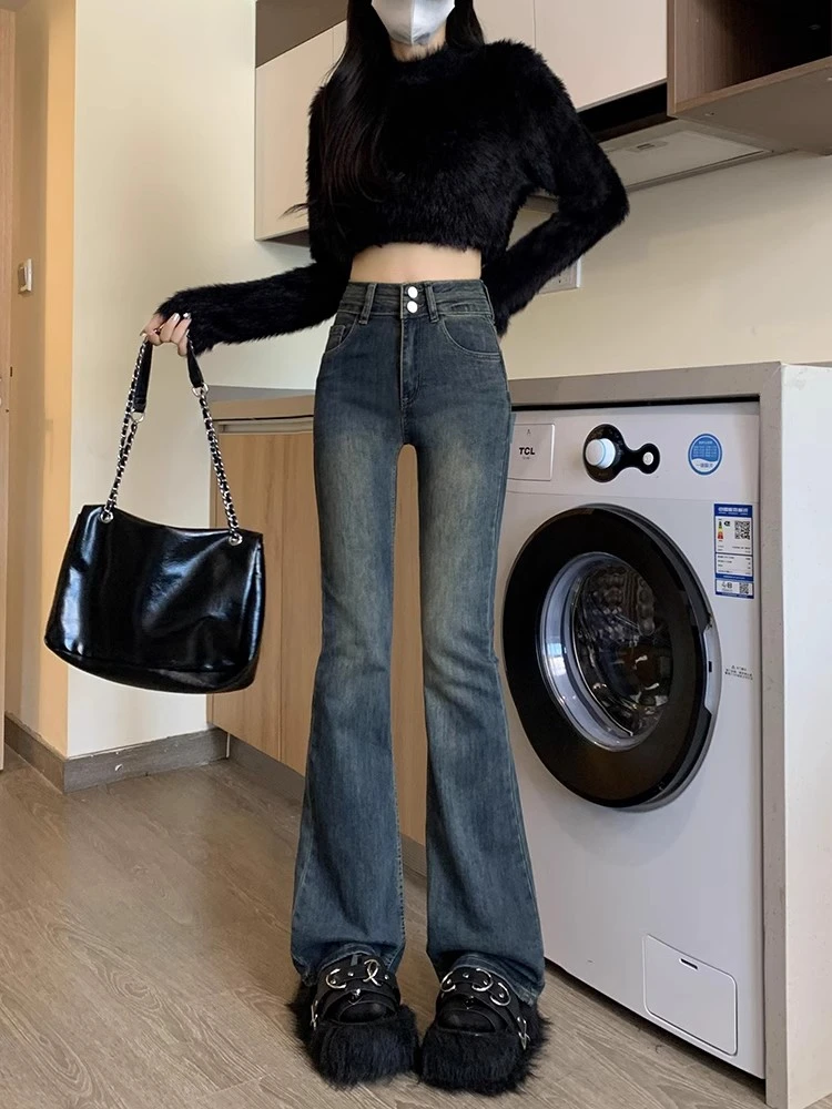 春秋新款喇叭裤女款高腰牛仔裤显高显瘦百搭马蹄裤复古水泥灰裤子