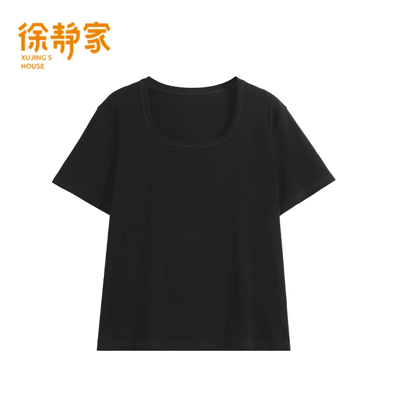 夏季穿搭黑色方领正肩短袖T恤女2025薄内搭半袖打底上衣6780035