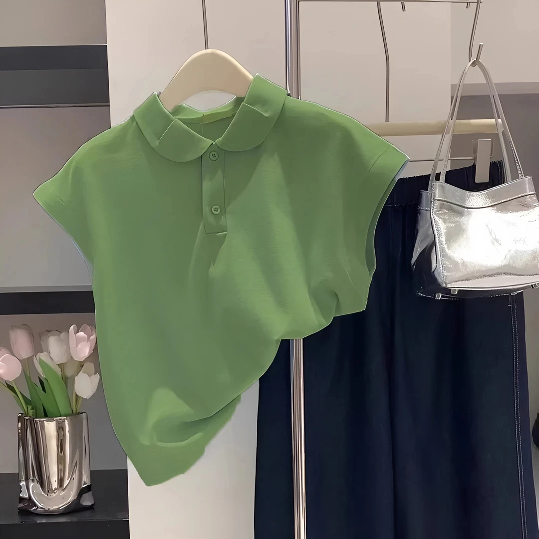 早春2025小众别致牛油果绿polo短袖女士正肩t恤衫甜辣小上衣