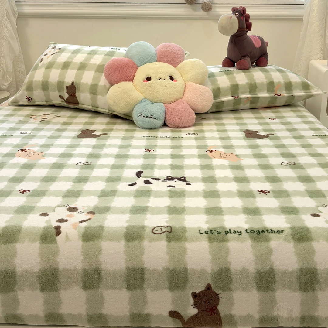 格子猫加厚牛奶绒床笠单件冬天儿童毛绒床罩保暖珊瑚绒床垫保护罩