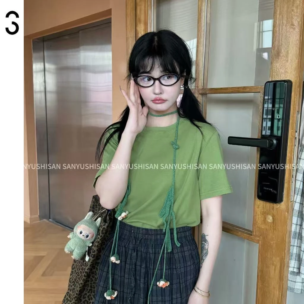 三与十三|冰镇绿豆|春季百搭休闲纯色圆领时尚打底上衣短袖T