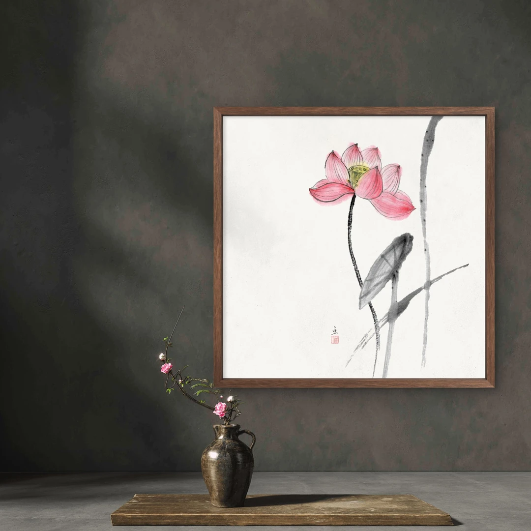 62-50*50荷花中式装饰画木框玄关书房茶室客厅挂画