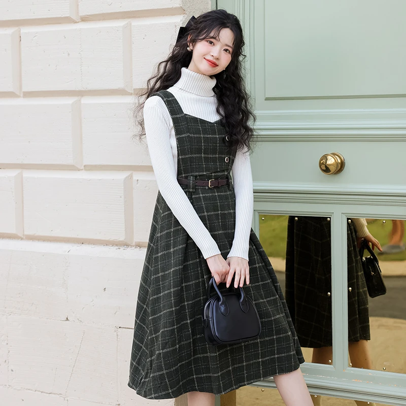 【拍下有腰带】慕兔复古高领针织衫格子背心裙两件套装女气质连衣裙