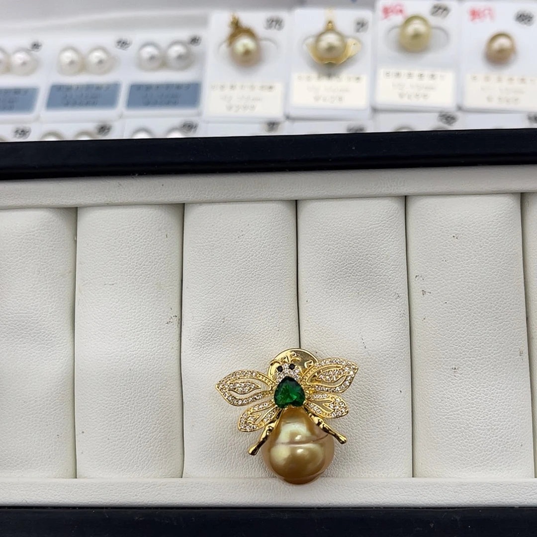 定制海水珍珠未镶嵌裸珠南洋金珠14-15（胸针）