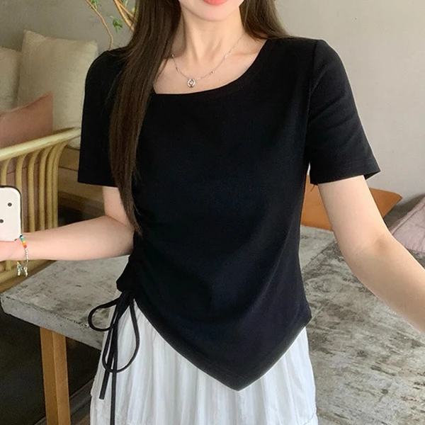 短袖T恤女夏季2025新款胖mm大码女装设计感不规则抽绳小众上衣