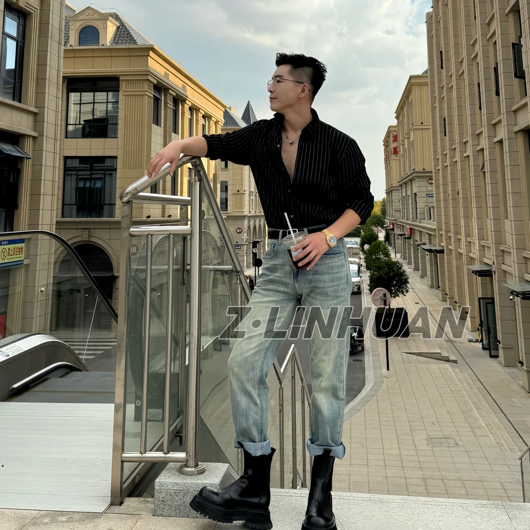 HG-秋季老钱复古简约浅色直筒牛仔裤