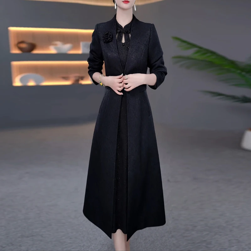 中式复古中长款风衣两件套连衣裙女2025春秋新款妈妈高档套装裙子