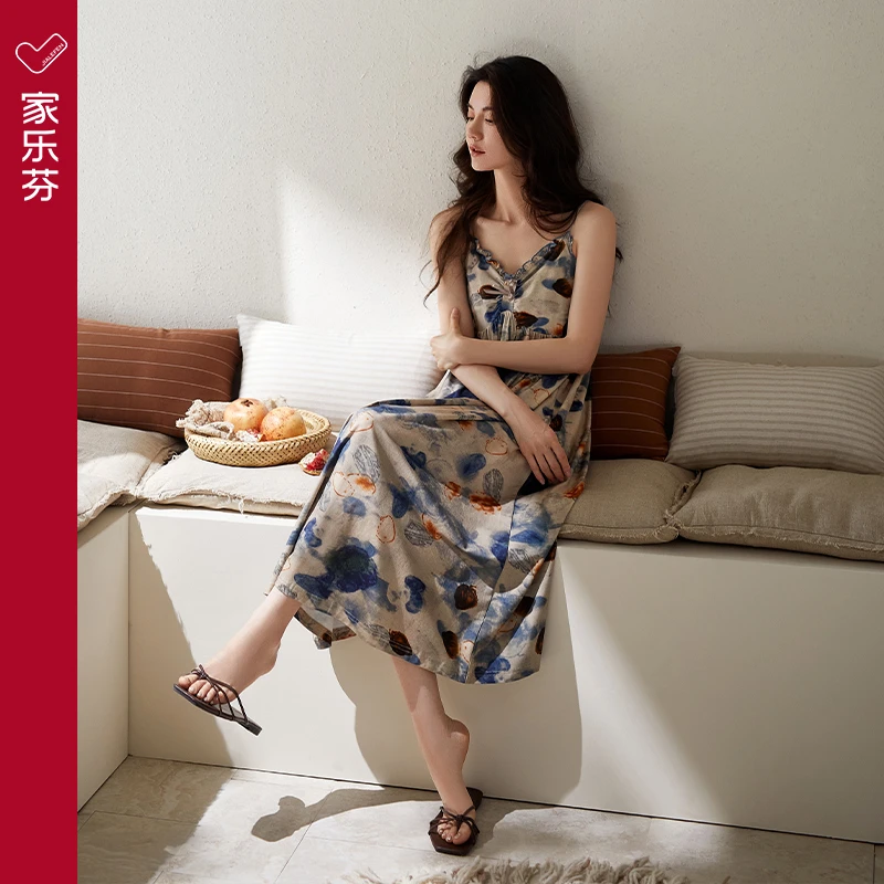家乐芬带胸垫睡裙女士睡衣夏季夏款夏天冰丝吊带莫代尔长款水墨画