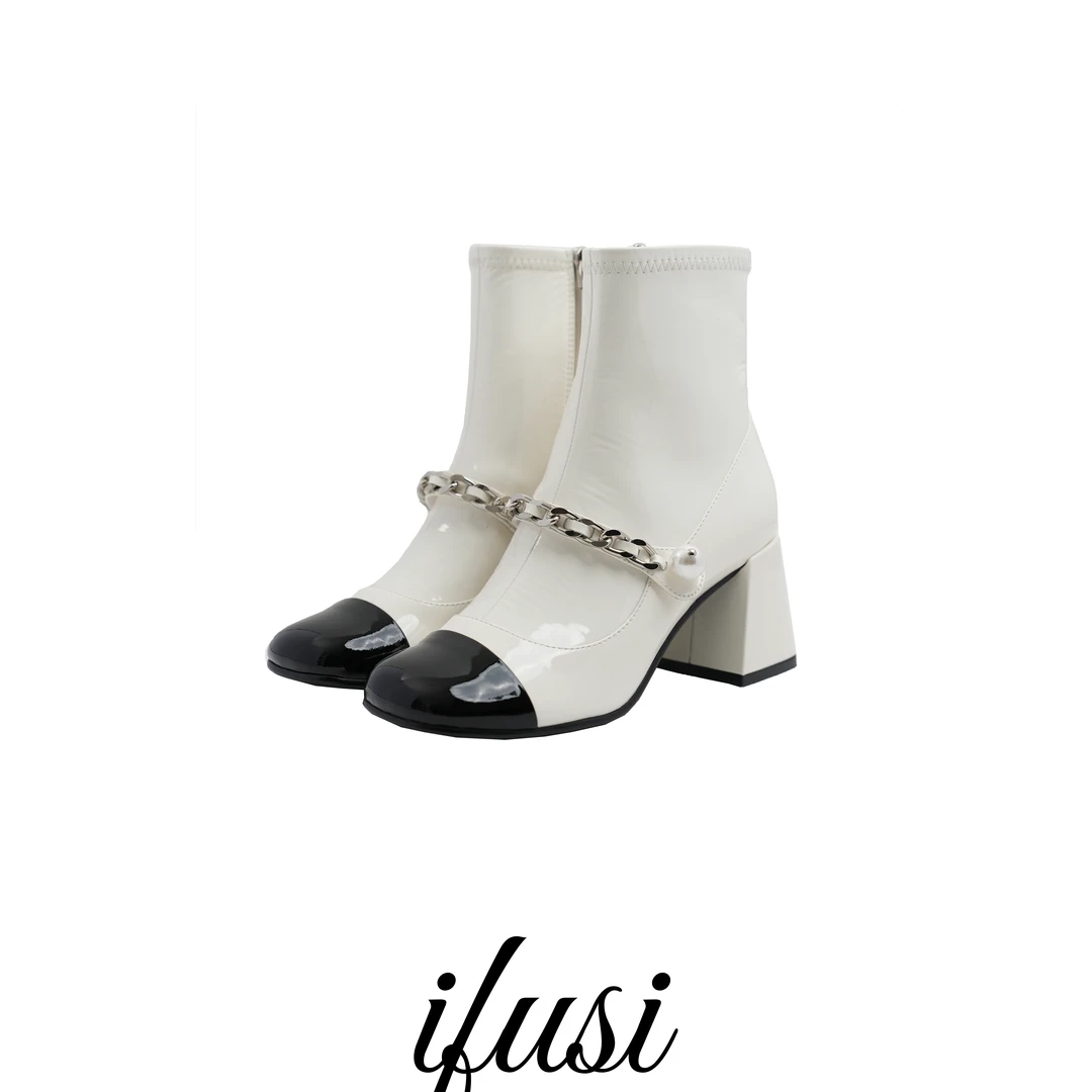 【断码特价】轻奢时尚拼接一字珍珠链漆皮粗跟短靴 2311-2