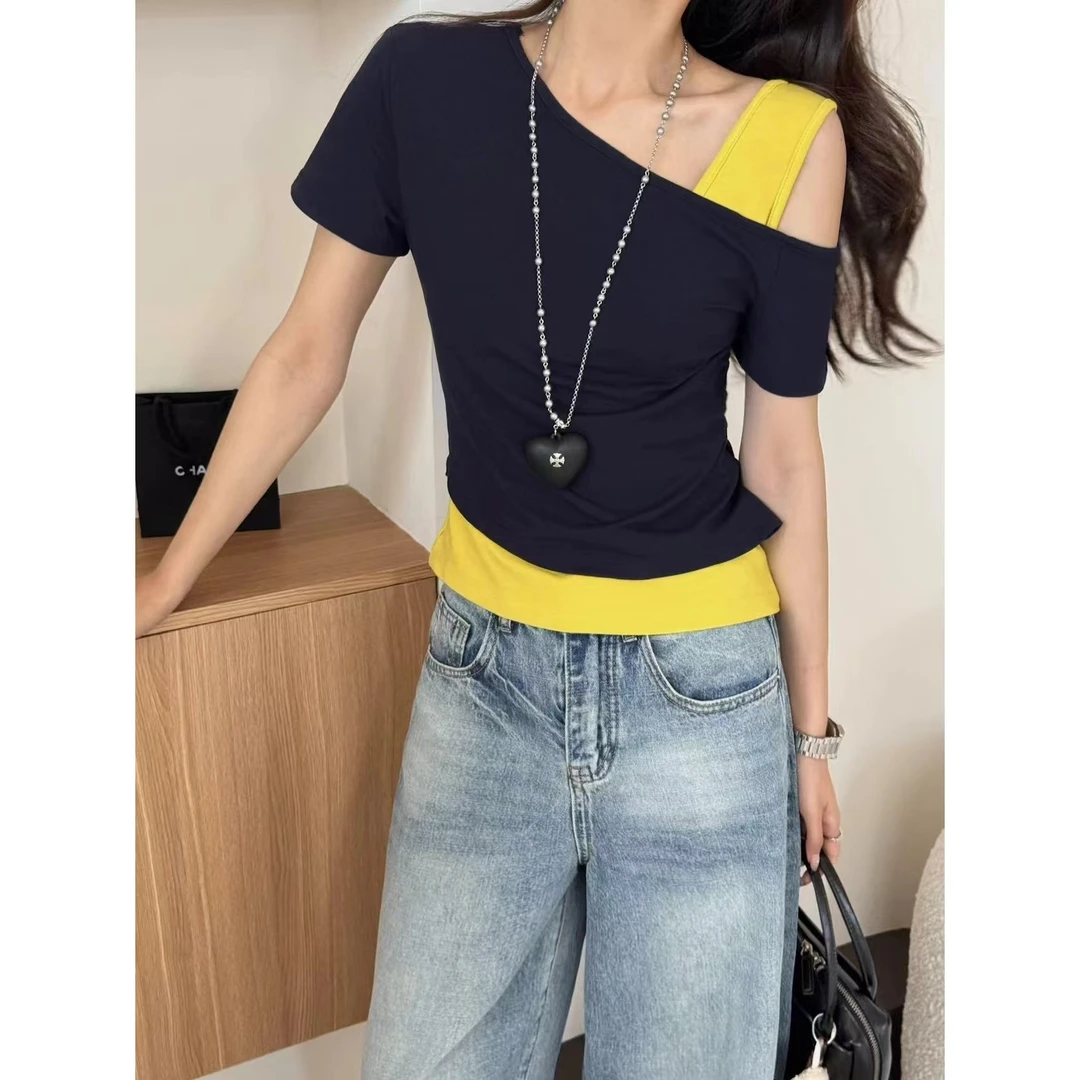 SP 撞色假两件露肩T恤女设计感小个子打底衫上衣T