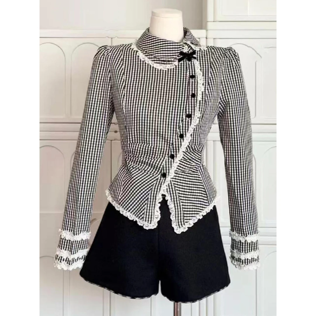 2025春秋减龄少女加绒法式格纹斜襟娃娃领显瘦蕾丝花边衬衣上衣