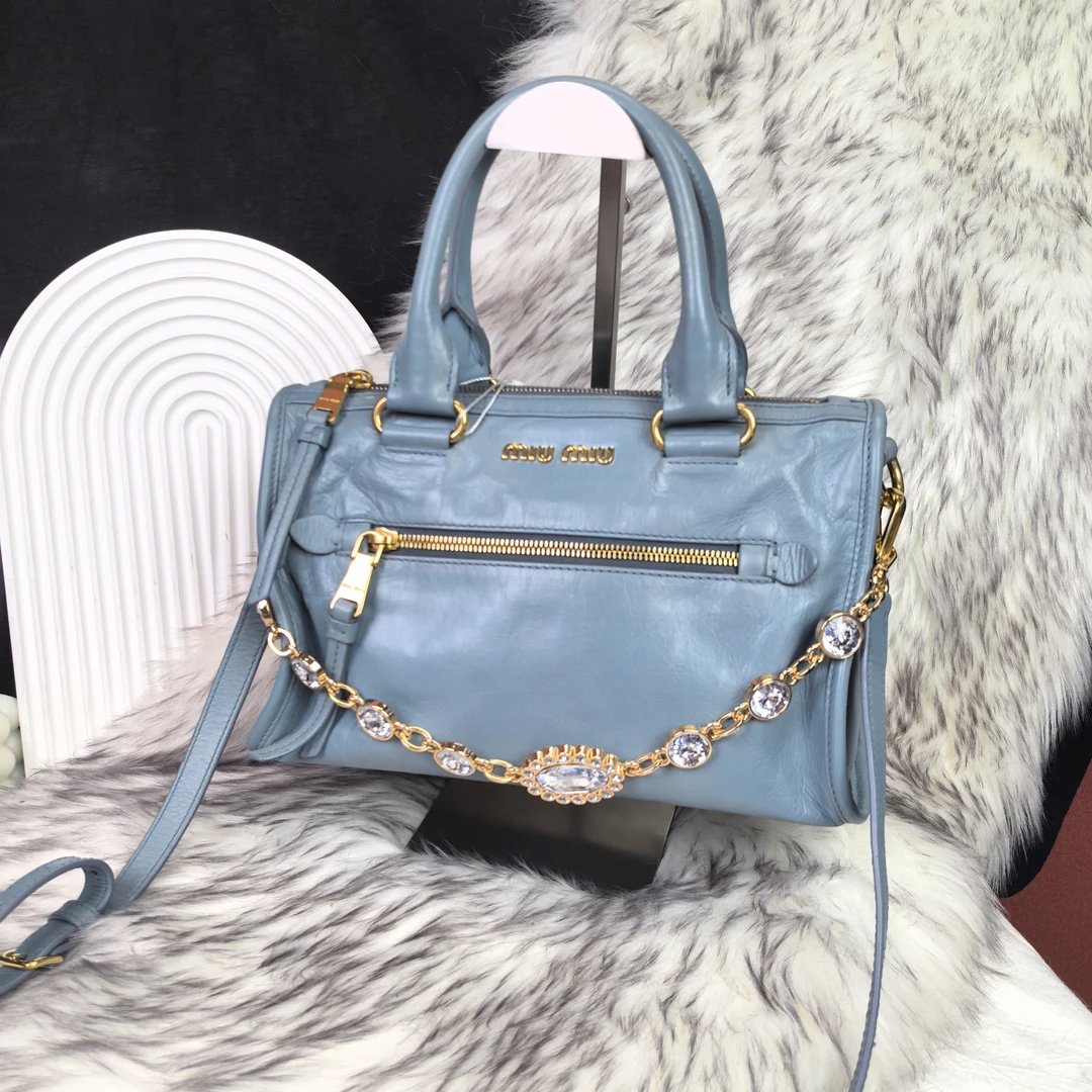95新 MIU MIU/缪缪 雾霾蓝油蜡小号机车手提斜挎包