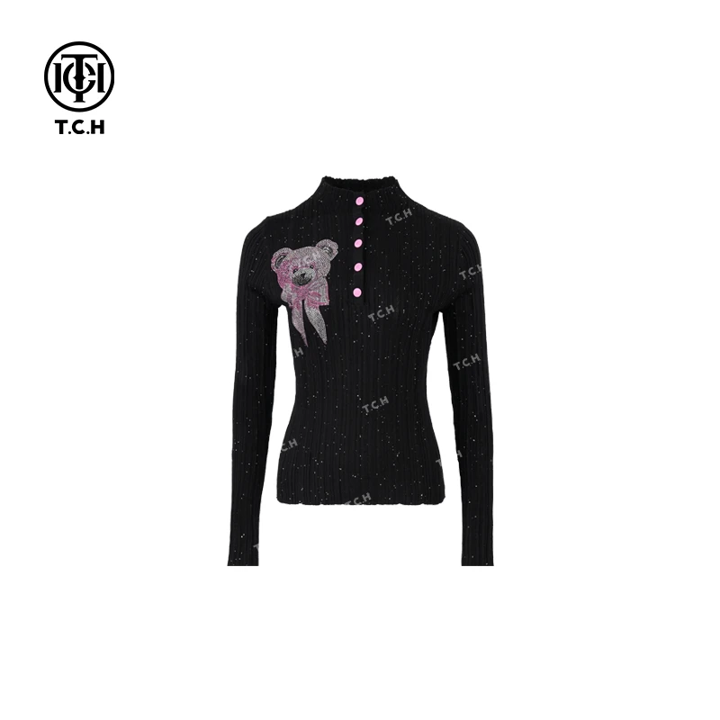 TCH服饰-潮牌黑色粉烫钻小熊市场休闲针织衫T75A09E5011洋气