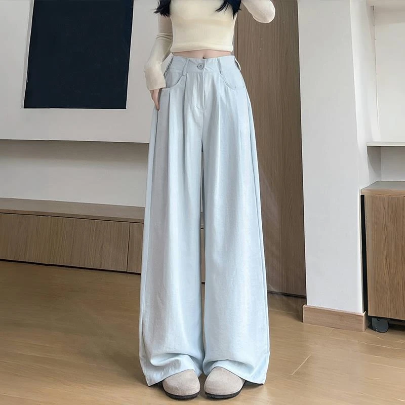 雾霾蓝奶芙西装阔腿裤女2025夏季新款高腰显瘦宽松冰丝拖地长裤夏