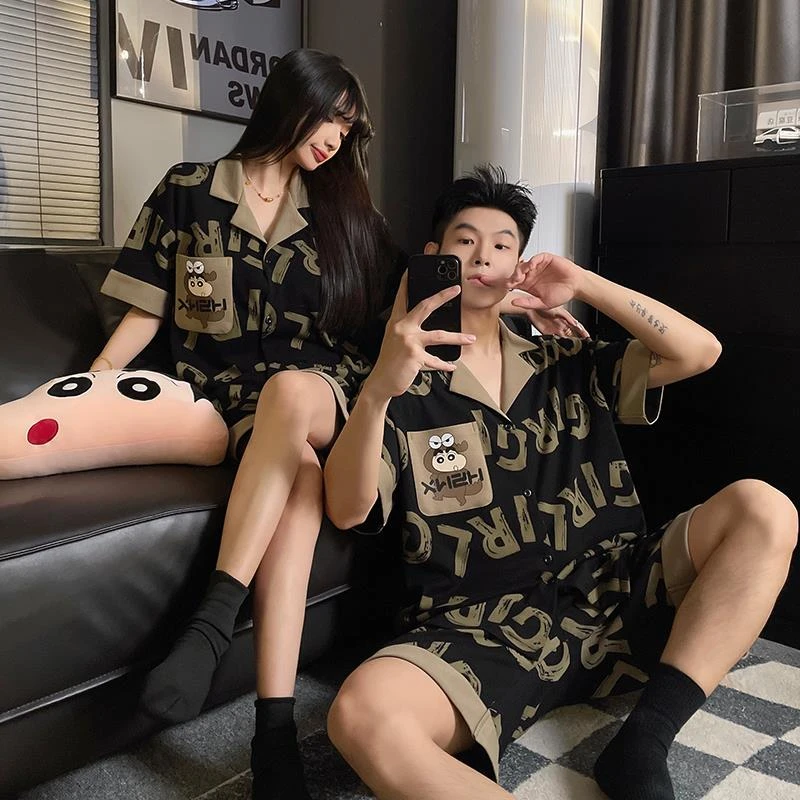 FAVMARTHA情侣三件套带胸垫睡衣女夏天款短袖长裤男士大码家居服