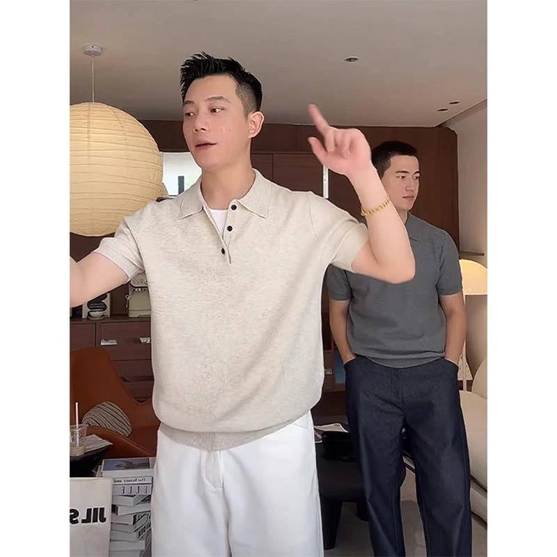 老钱风穿搭男士polo衫短袖夏季高级感修身针织t恤收袖口翻领半袖