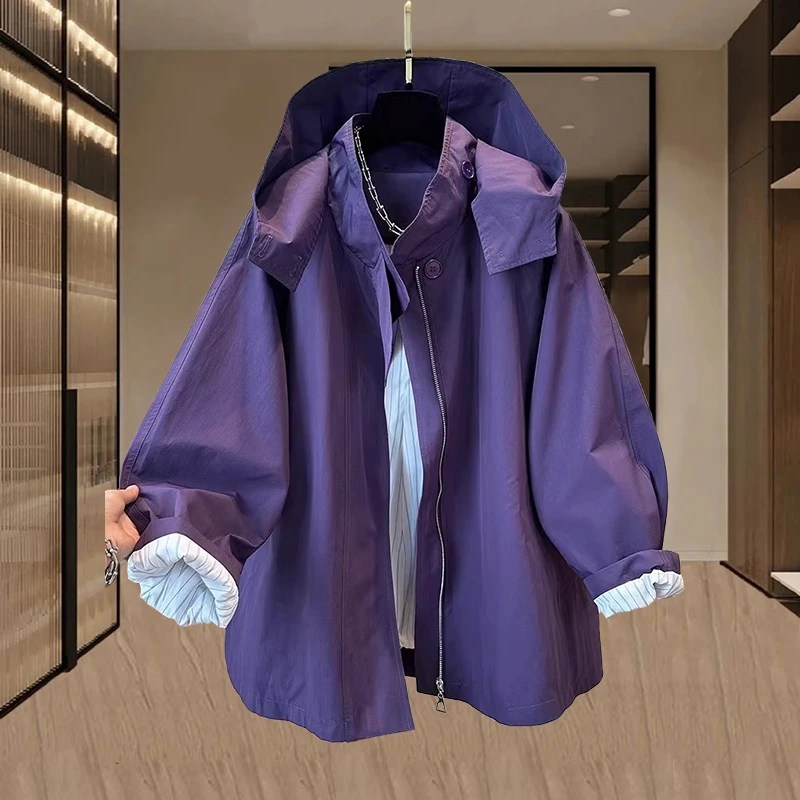 2-300斤时尚高级感网红同款拼接风衣外套春秋连帽时髦斗篷冲锋衣