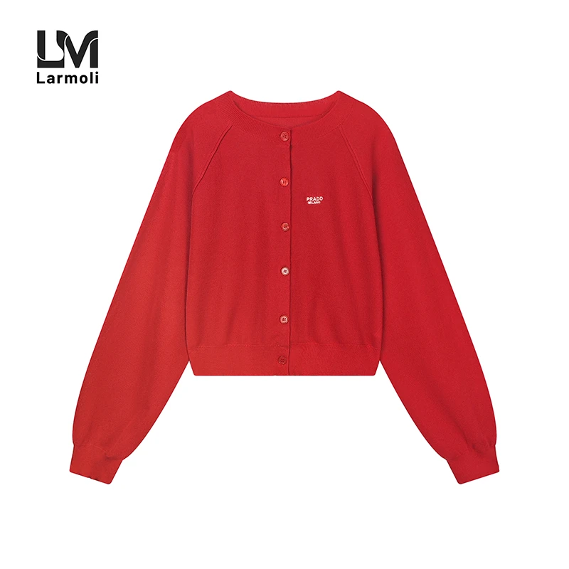 Larmoli2138早秋新款韩版宽松休闲百搭圆领外套针织开衫女