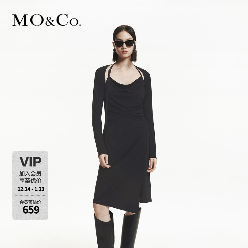 MOCO秋【凉感三醋酸】假两件捏褶坎肩连衣裙MBD3DRS018