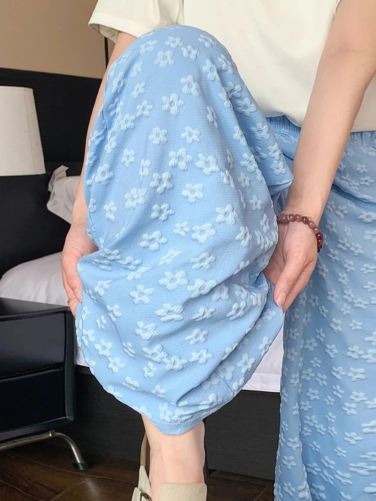 胖MM大码蓝色花朵冰丝阔腿裤女新款高腰休闲裤垂感山本碎花直筒裤