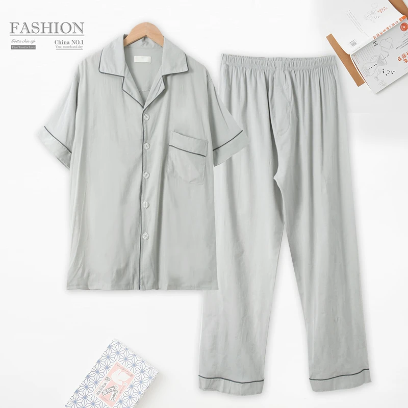 春季新款男士简约家居服套装短袖长裤松紧腰BB925 宽松简约舒适
