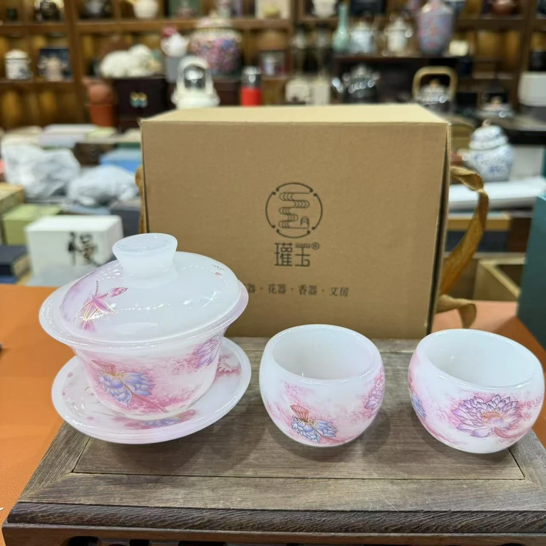 琉璃莲花三才盖碗加俩杯  1480