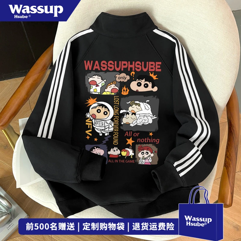 WASSUP HSUBE秋冬季设计感三条杠立领外套卡通印花半拉链卫衣男女
