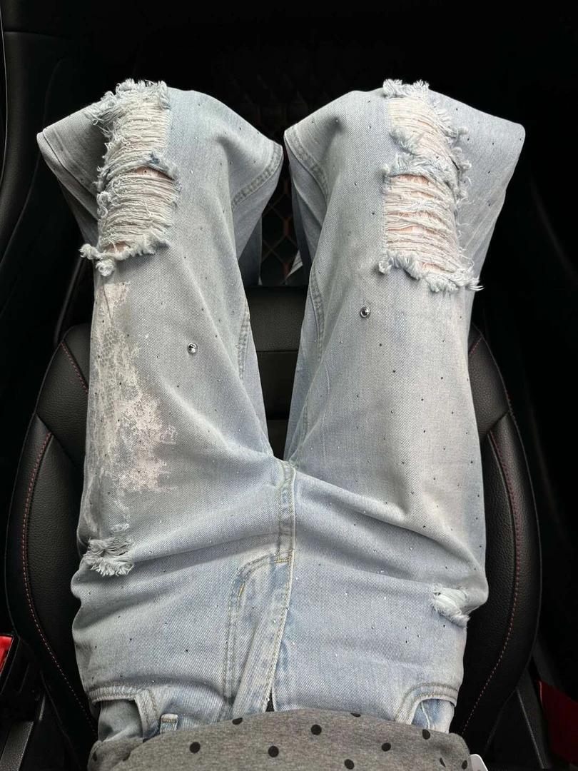 微胖mm浅蓝色破洞蕾丝阔腿牛仔裤女夏季小众显瘦时尚设计感直筒裤