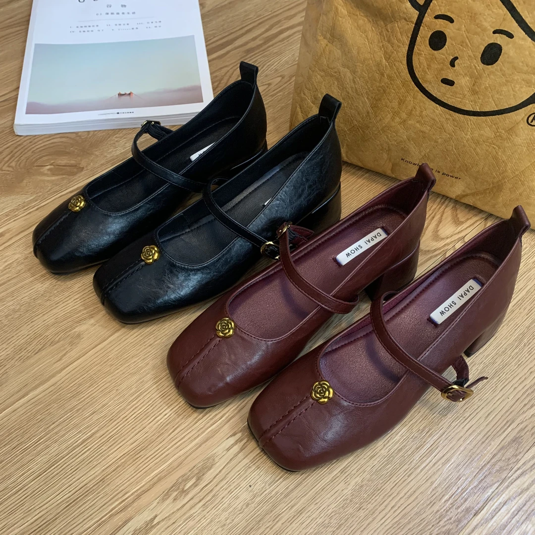 晚睡笑内增高5.5复古方头女法式尖头浅口山茶花玛丽珍芭蕾风女