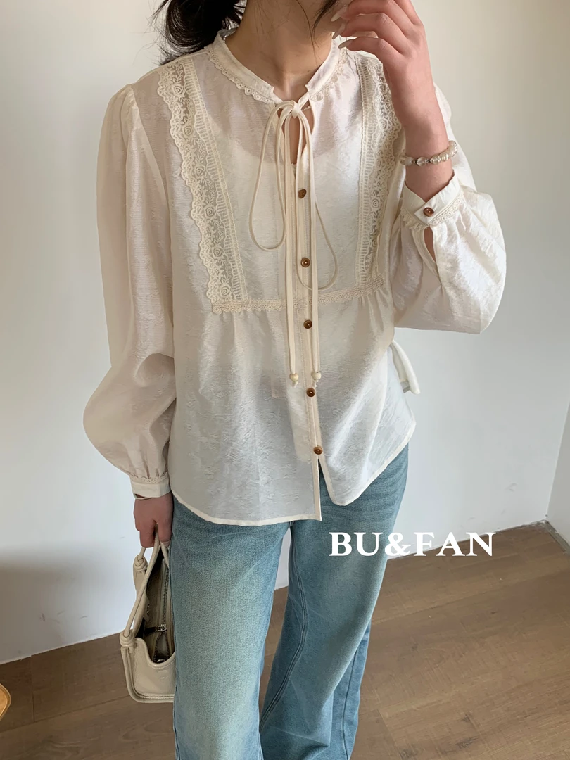 （库）温柔瑶-布凡#韩系蕾丝显瘦别致系带衬衫#99020