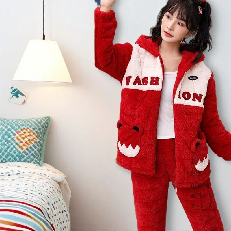 睡衣女秋冬季加厚加绒珊瑚绒夹棉三层保暖外穿法兰绒家居服套装GJ