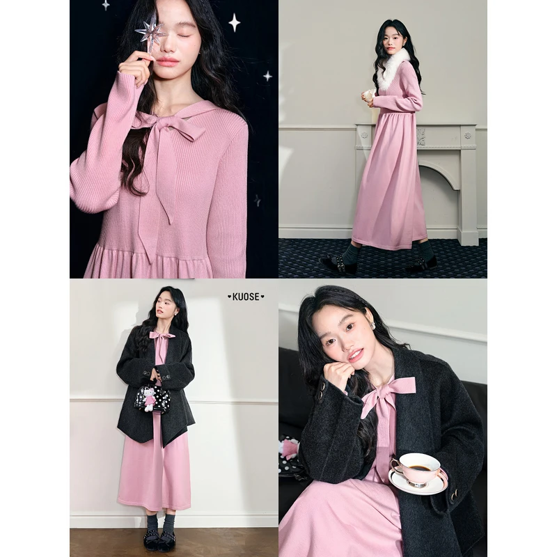 阔色蝴蝶结收腰显瘦毛衣裙女2025秋冬新温柔针织连衣裙KSB2512006