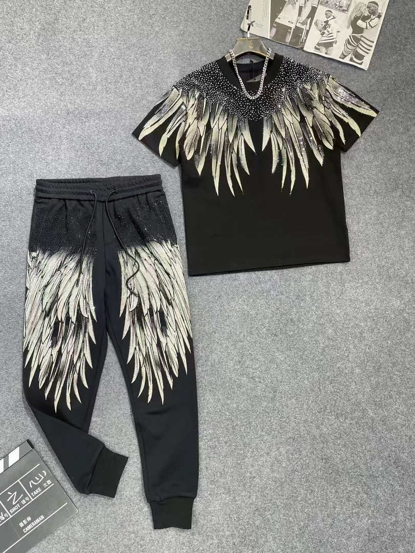 11910-11775-11906春秋新款高端烫钻大翅膀工艺半袖男女同款套装