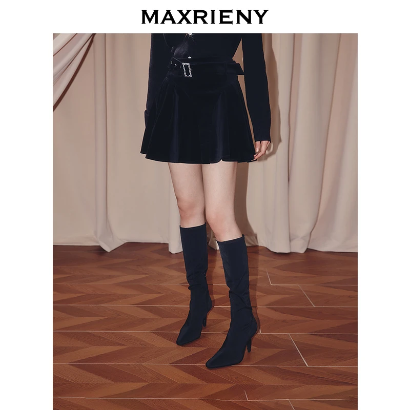 【若谷大大】MAXRIENY半裙高腰丝绒短裙25秋款黑色a字压褶伞裙