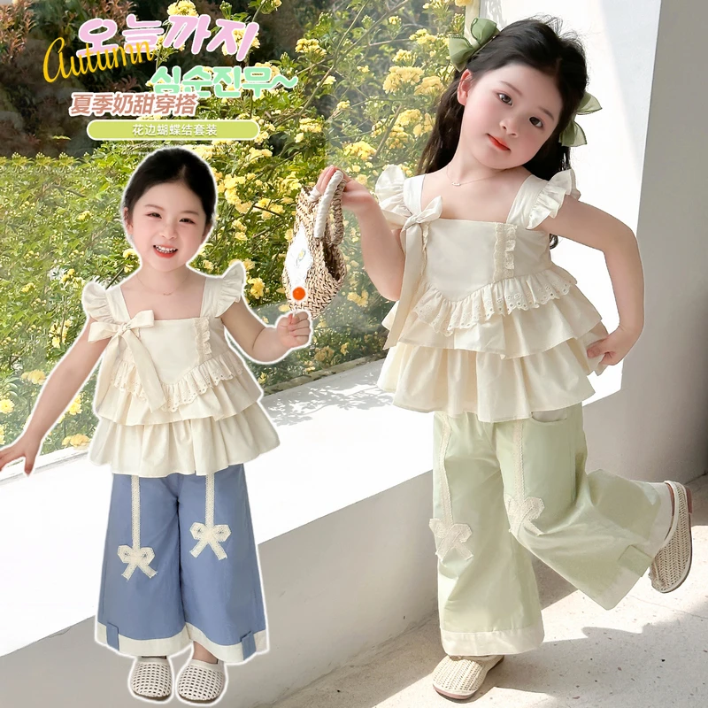 小女孩夏装洋气女童飞袖娃娃衫套装薄款女宝宝甜美两件套夏季时髦