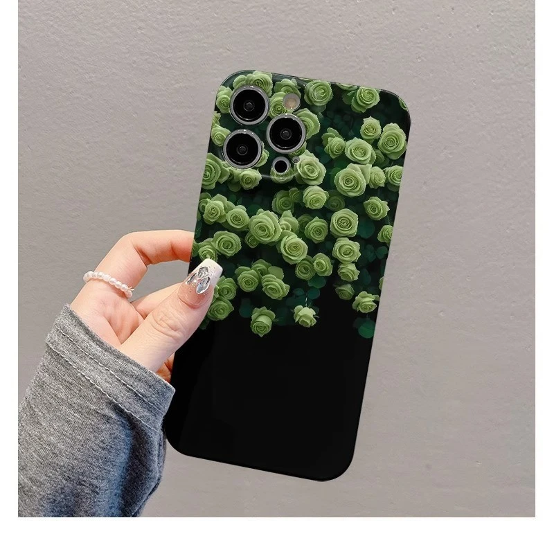 苹果16/15手机壳女绿色玫瑰花朵适用iPhone13/12华为荣耀VIVO小米