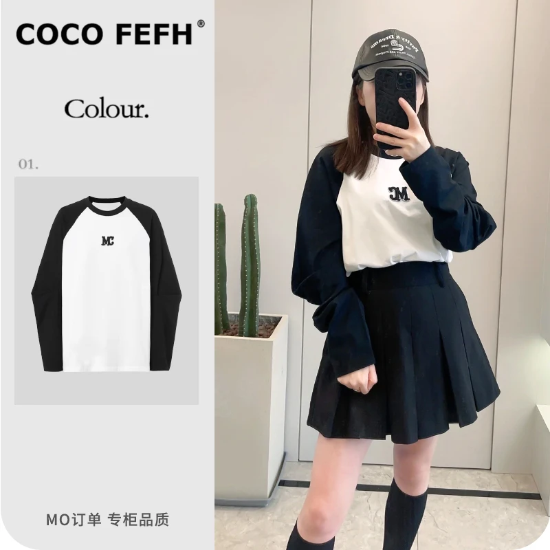 COCOFEFH 【MO订单】刺绣棉质宽松T恤美式撞色复古打底衫纯1058