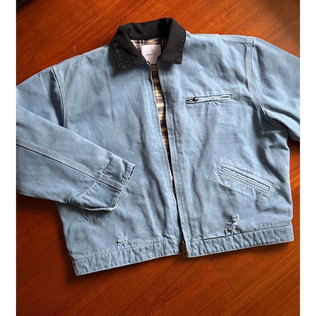 “drop3”J97底特律夹克做旧磨破水洗重磅格纹里衬印花短宽cleanfit