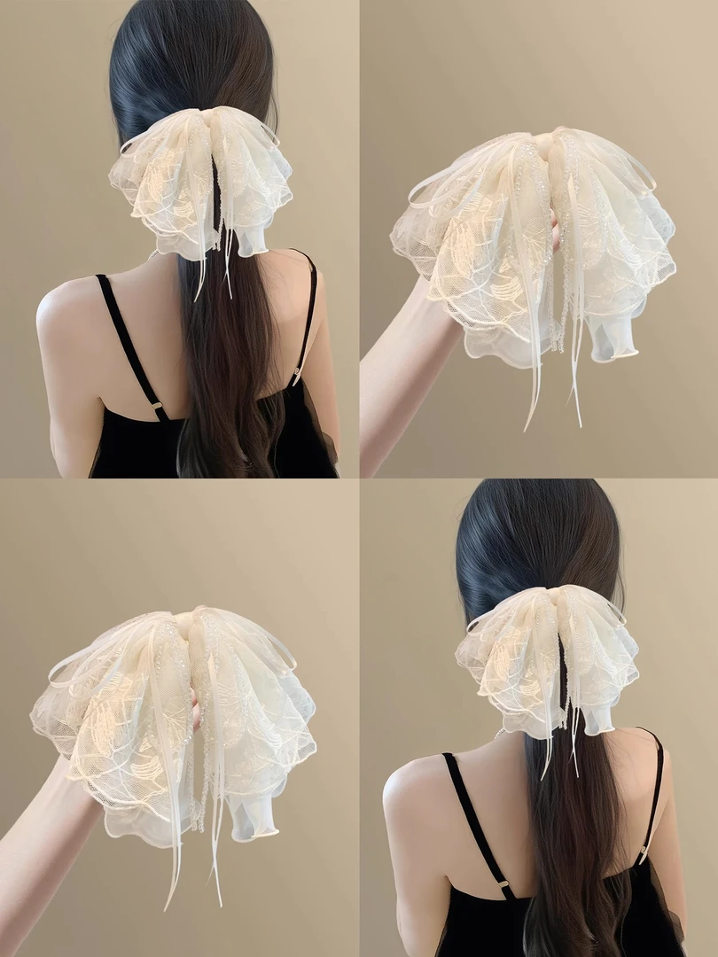 浅纱晴云!蕾丝蝴蝶结马尾抓夹!高级感刺绣后脑勺鲨鱼夹旅行头饰