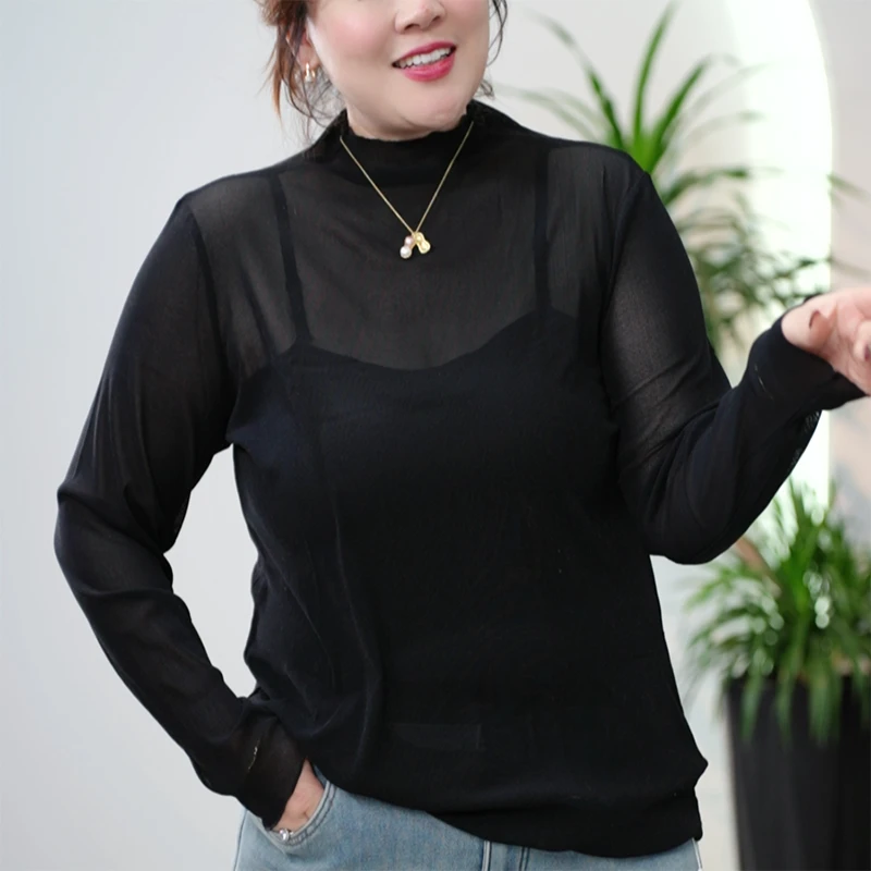 玉米粒网纱打底衫半高领70D高弹力丝百搭大码显瘦四季T恤上衣女潮