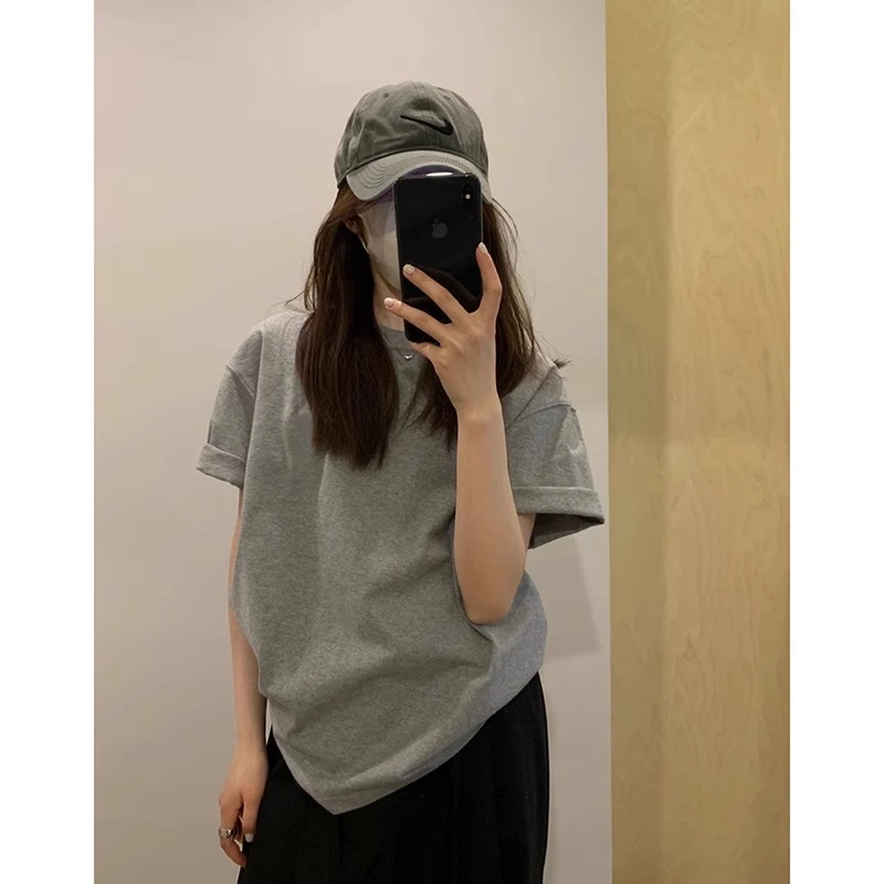 灰色大阪短袖t恤女夏季2025新款小个子欧货大版宽松显瘦半袖上衣