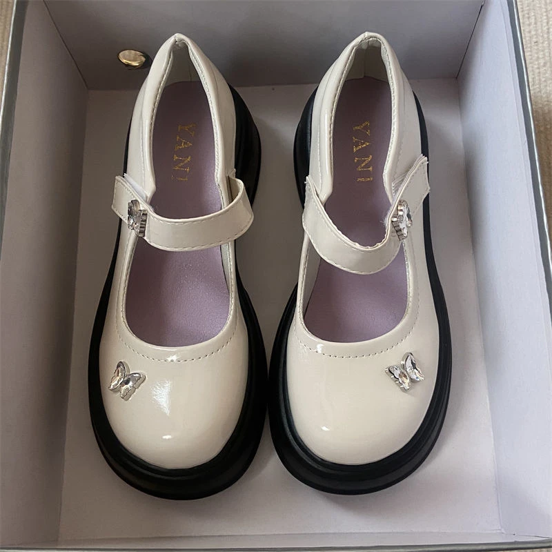 圆甜酷浅口玛丽珍单鞋2025新款蝴蝶休闲百搭jk粗跟厚底小皮分趾鞋